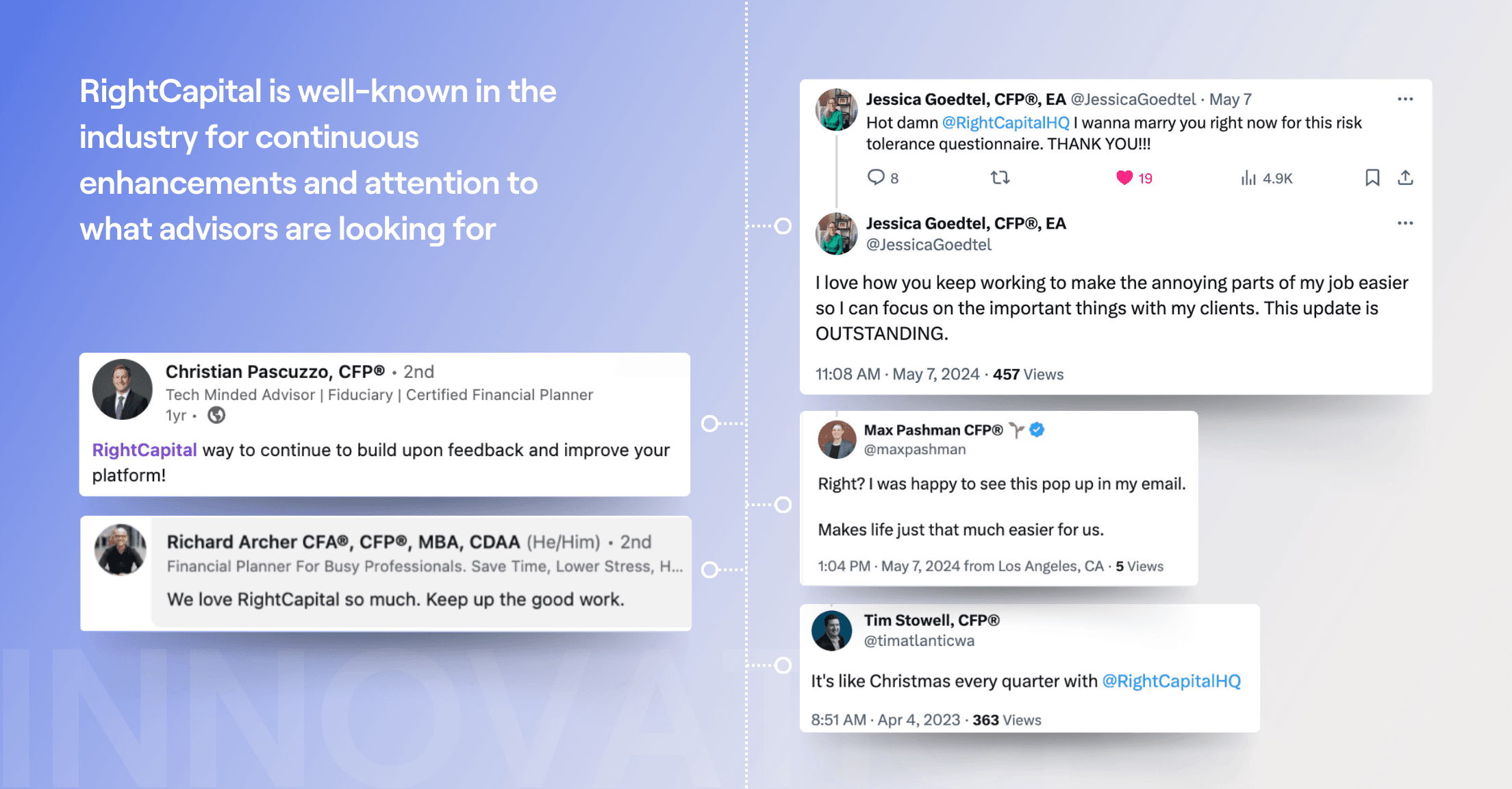 Social media posts about how much financial advisors love the innovations of RightCapital’s financial planning software