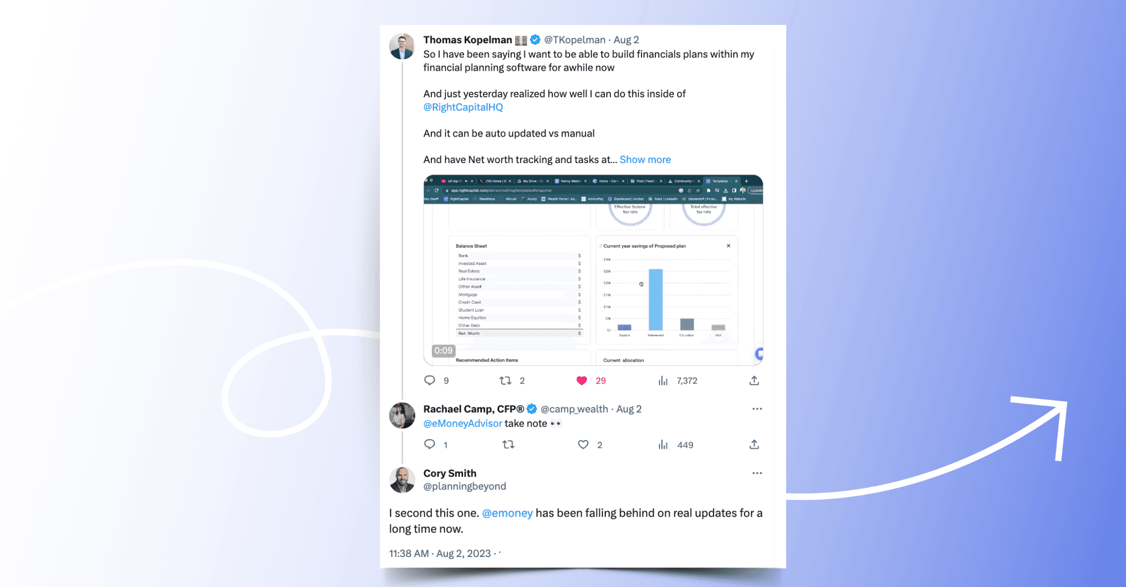 Tweets showing a RightCapital Snapshot screenshot and advisors responding for eMoney to take note and one saying "I second this one. eMoney has been falling behind on real updates for a long time now."