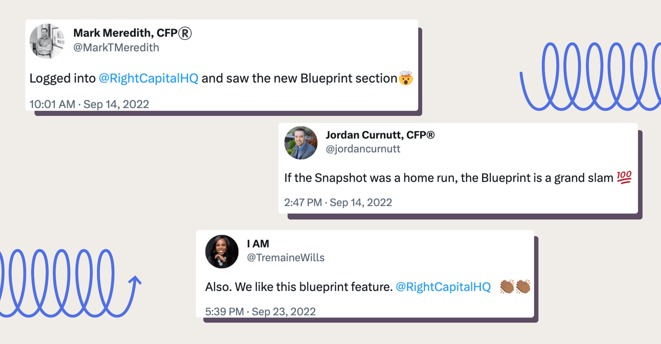 Social media posts about how much financial advisors love the Blueprint feature within RightCapital’s financial planning software