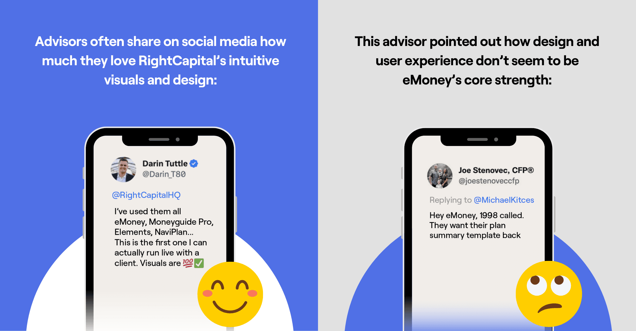 Advisor tweets about the difference between RightCapital's and eMoney's visuals