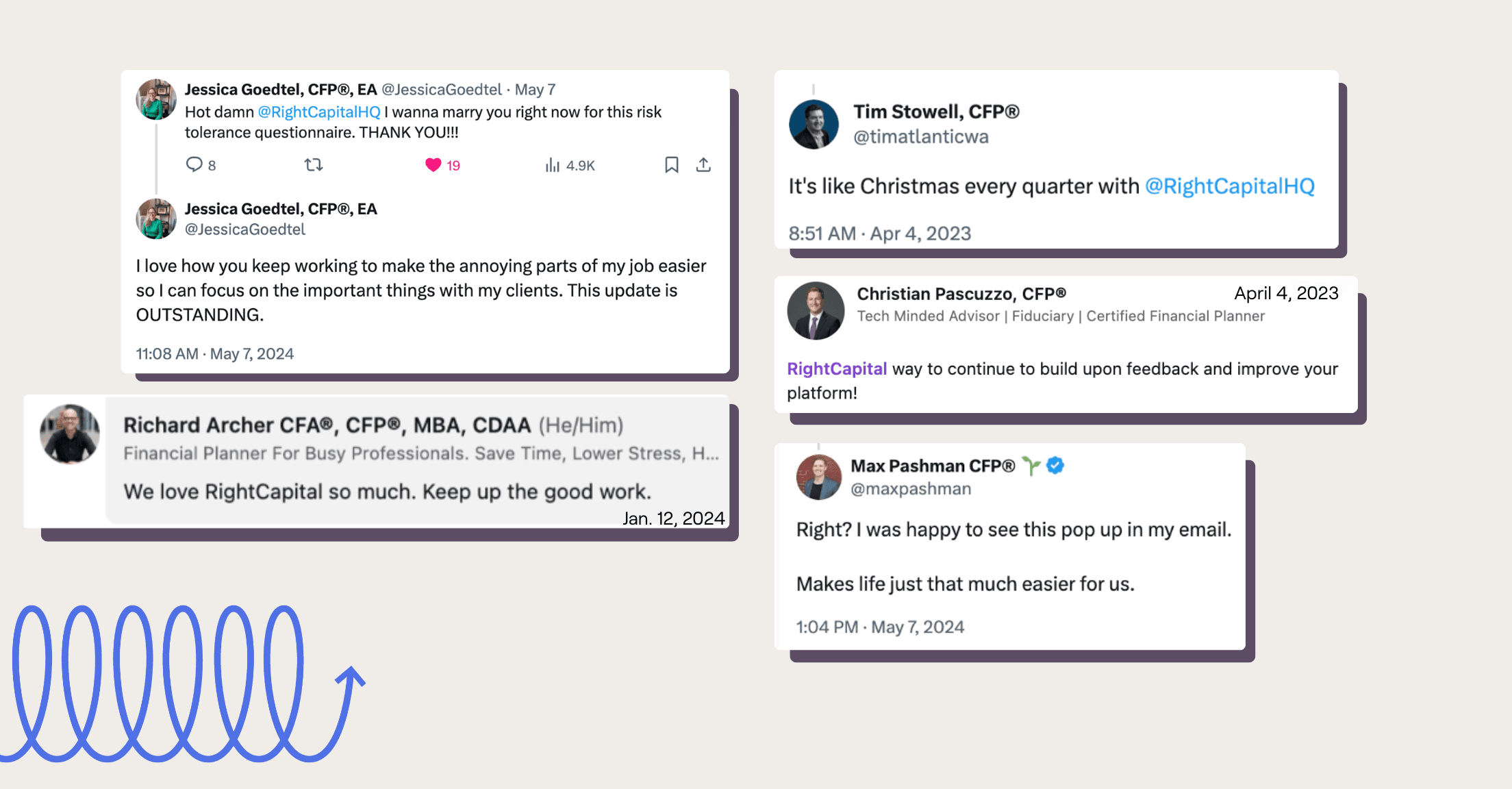 Social media posts about how much RightCapital is constantly improving and innovating their financial planning software