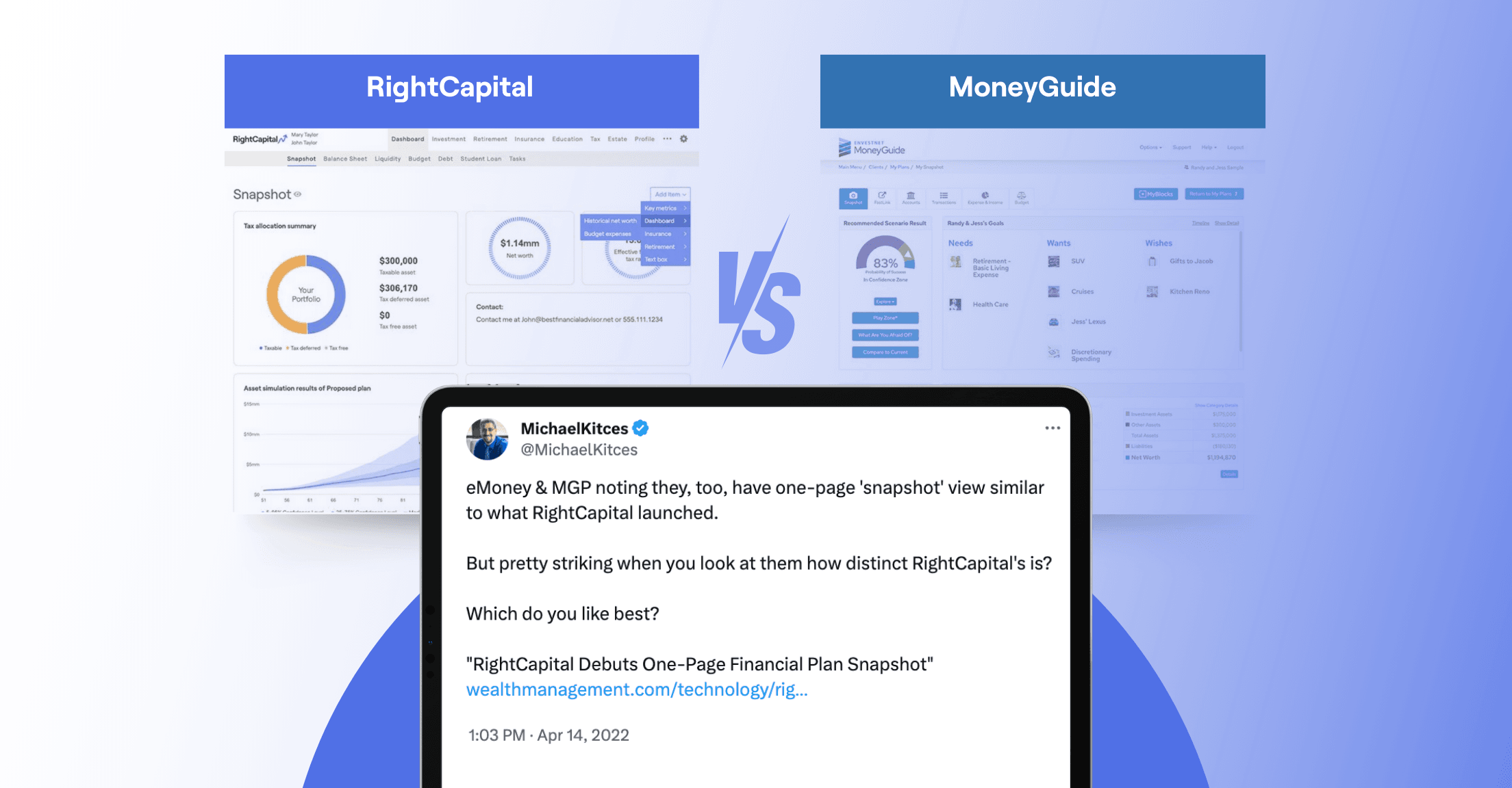 Comparison of RightCapital's one-page plan vs. MoneyGuidePro's one-page view in Michael Kitces tweet from April 2022