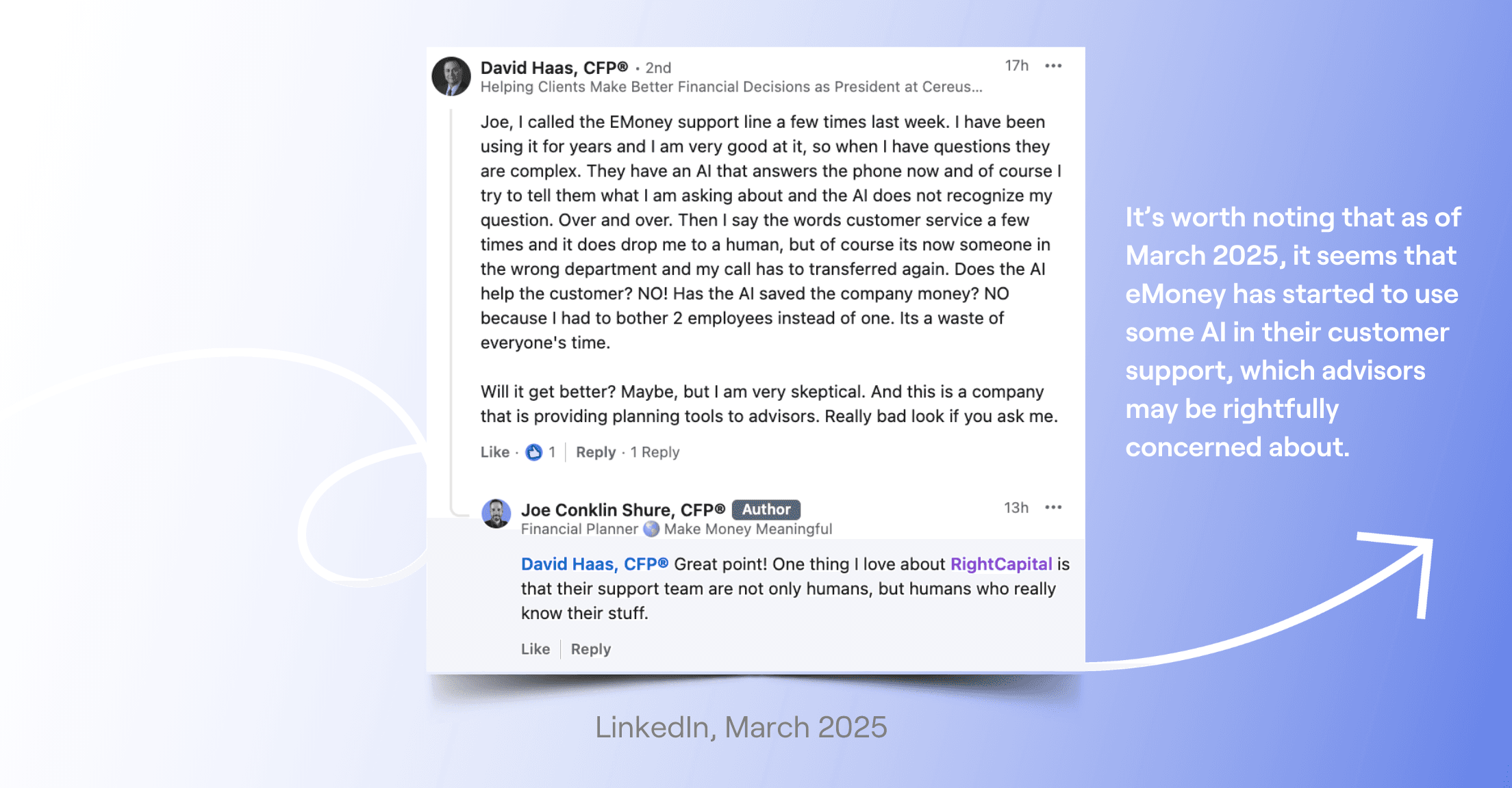 Two advisors speaking on LinkedIn about eMoney support using robots to answer their phones