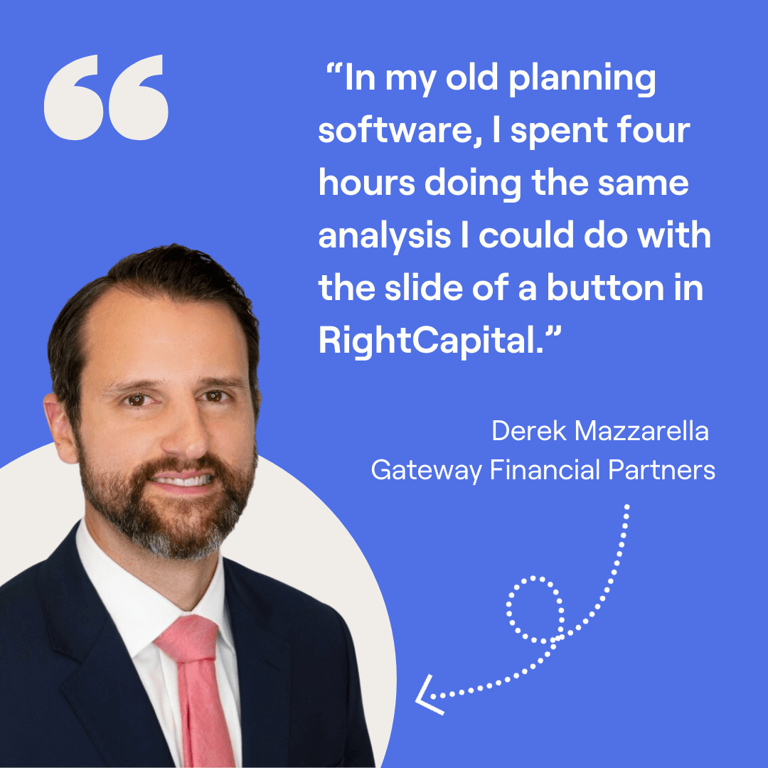 Derek Mazzarella headshot and quote, “In my old planning software, I spent four hours doing the same analysis I could do with the slide of a button in RightCapital.”